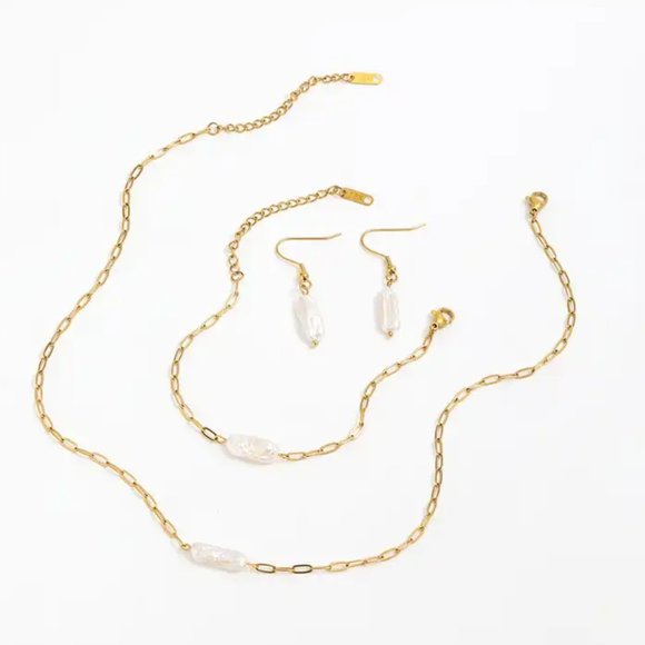 Pearl Necklace & Bracelet Set Bundle Waterproof Jewelry Baroque Pearl Necklace - Picture 12 of 14